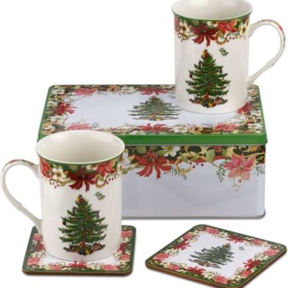 Set of TWO NIB Spode Christmas Tree 5 pc tin sets Poinsettia 4 mugs 2 tins